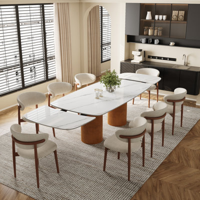 94" Extendable Oval Dining Table Set For 8, Luxury Sintered Stone Top With Sculptural Double Pedestal & 8 Fully Assembled Upholstered Chairs (set Of 9)