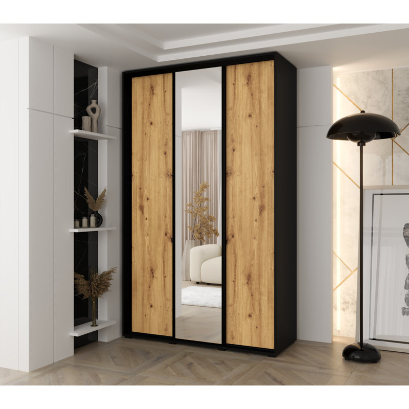 3 Door Manufactured Wood Wardrobe, 235.2cm H x 160cm W x 45cm D, Natural/Black