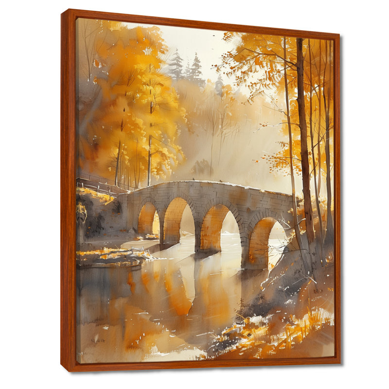 Jaune et jaune, automne, rivière de beauté III, pont, art mural, H 12 po x l 20 po, Cadre flottant brun