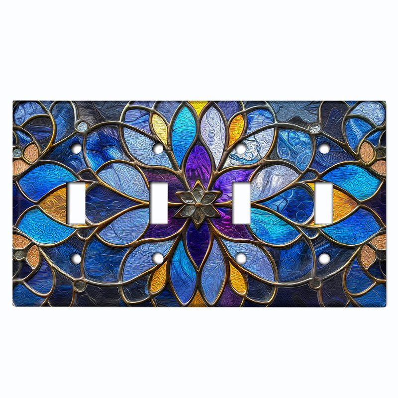 Plaque d'interrupteur en métal ; interrupteur à bascule 4 voies, taille standard américaine ; motif imprimé d'un mandala floral en vitrail.