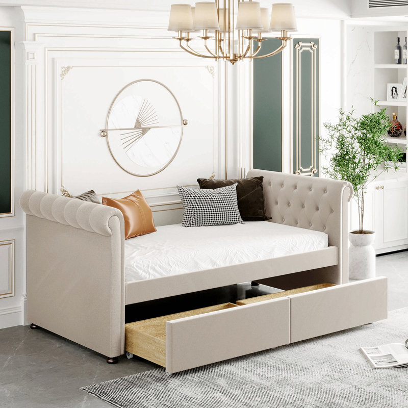 Twin Size Upholstered Daybed With 2 Drawers, Beige