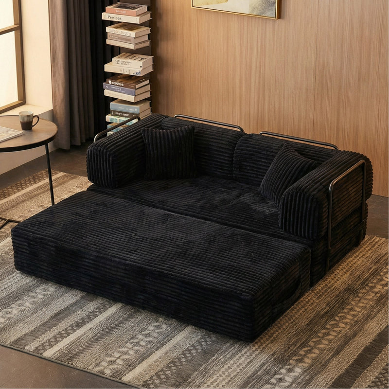 Canapé à compression, canapé-lit convertible au sol avec accoudoirs avec dossier coussiné, canapé-lit futon confortable, canapé modulaire sans causeuse, tissu en velours côtelé, pour le salon, la chambre à coucher