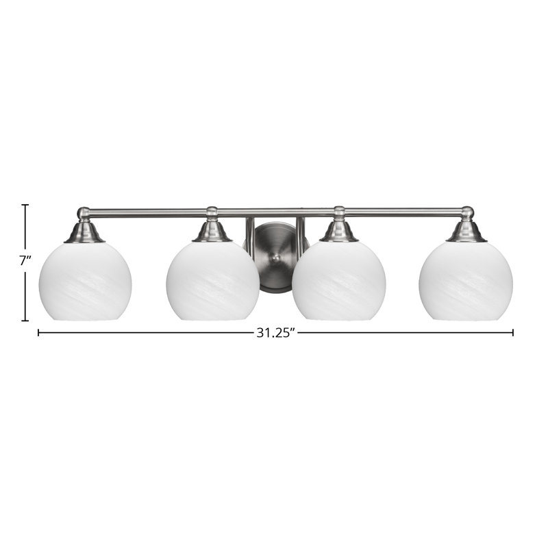 Michell 4 Light Bath Bar Shown With 5.75" White Marble Glass, Brushed Nickel