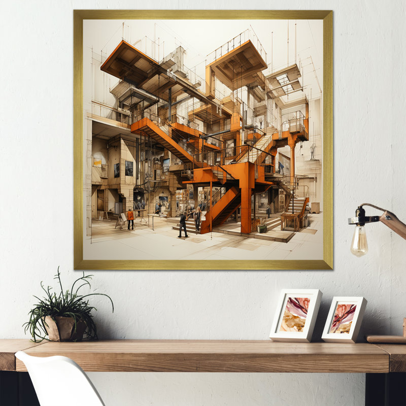 Musées, dessin sur toile, Cadre doré simple, H 24 po x l 24 po x P 1 po