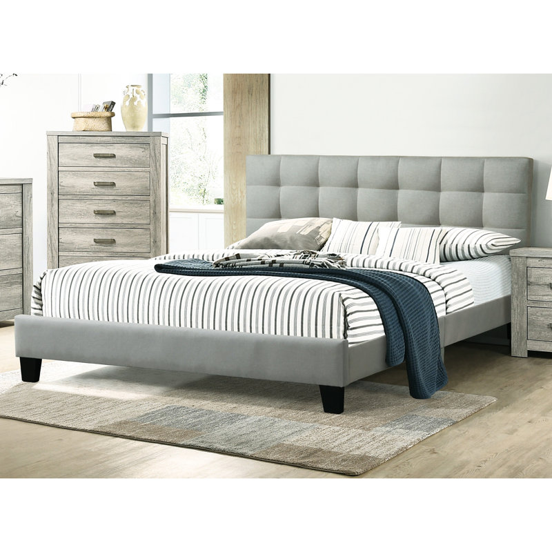 Mobilier de chambre à coucher de style moderne: lit double avec tête de lit en polyfibre gris et type de bois, Gris clair
