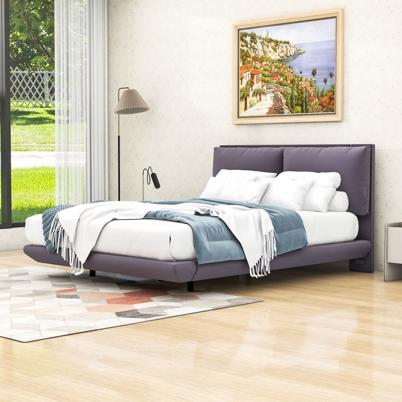 Queen Size Upholstered Platform Bed with Motion Sensor Lighting and Built-In Charging Station, Gray