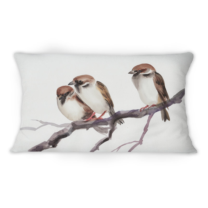 Coussin décoratif à imprimé traditionnel Three Sparrows On A Branch