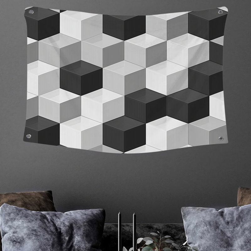 Tapisserie murale géométrique cubes abstraits, H 68 po x l 80 po