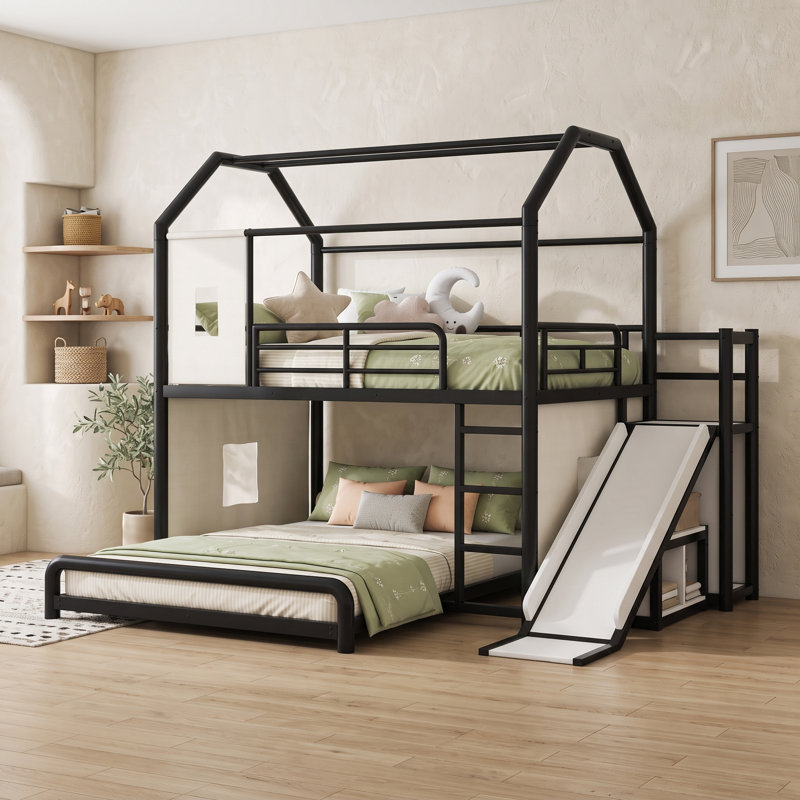 Lit superposé en métal avec glissière, lumière DEL et tablettes, Double sur double, Noir