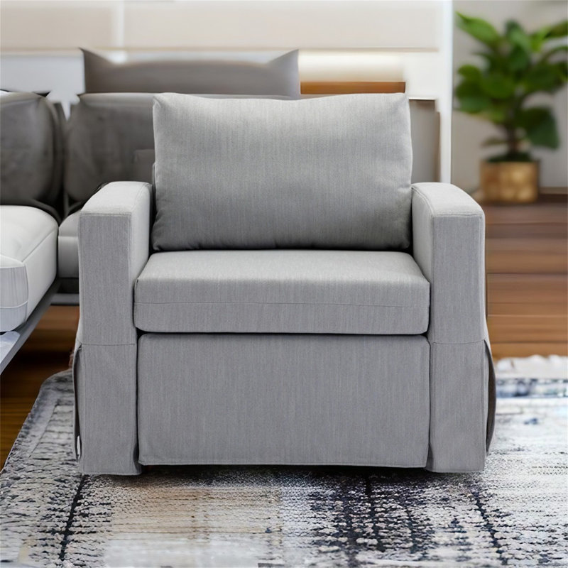 Fauteuil à coussin amovible et lavable, 100 % lin gris clair