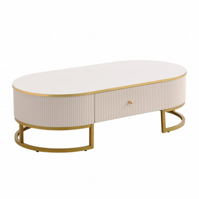 Modern Oval Coffee Table with Spacious Drawers, Curved Profile, and Gold Metal Decor for Elegant Living Rooms