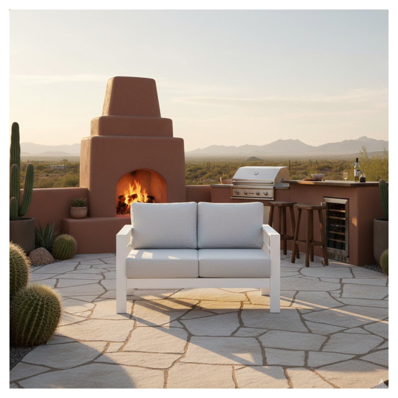 Causeuse de terrasse en aluminium toutes saisons de 50 po avec coussins en oléfine, canapé d'extérieur blanc et gris