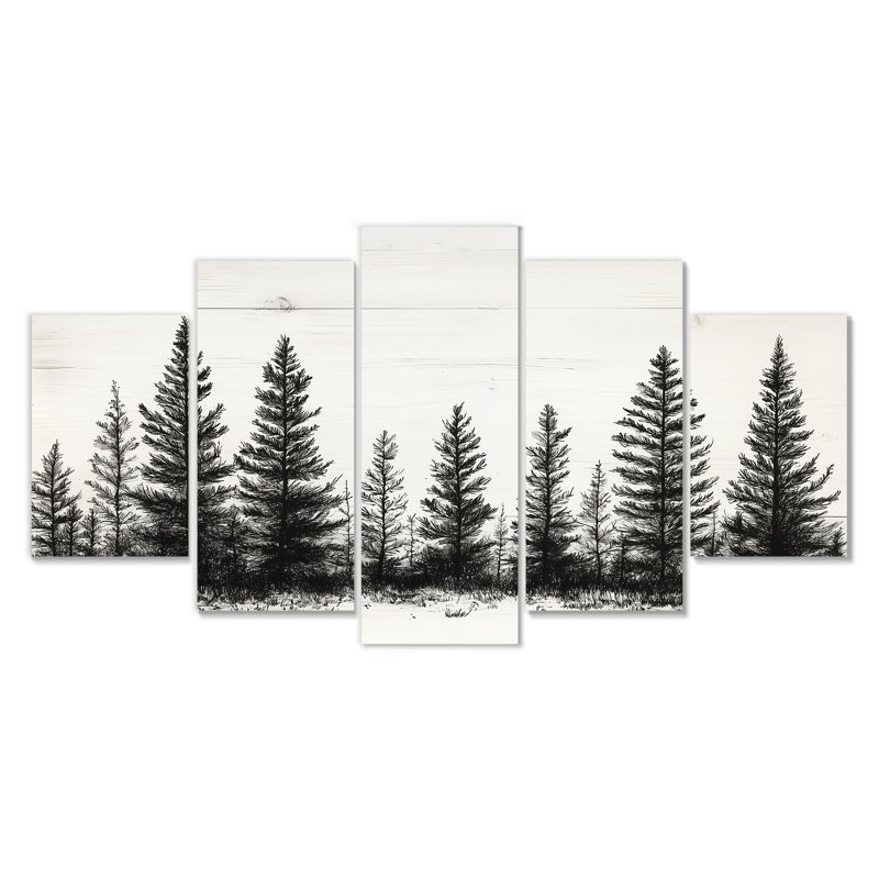 Hiver, pin blanc, forêt, reproduction d'art sur toile, art mural noir 5 pièces
