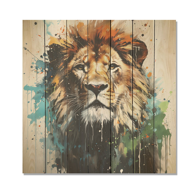 Brown And Green Monarch Portrait - Lion Animal On Wood Print, 30" H x 30" W