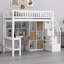 Lit mezzanine en bois avec bureau intégré, DEL, tablettes de rangement, armoires et escalier-955537061