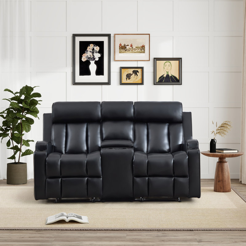 Causeuse inclinable manuelle en similicuir de 67,32 po de largeur avec porte-gobelets doubles et console centrale, Noir