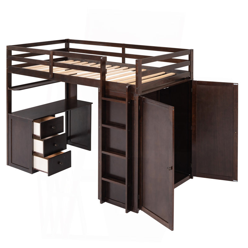 Twin Size Loft Bed With Drawers,Desk,And Wardrobe-Espresso, Twin, Espresso