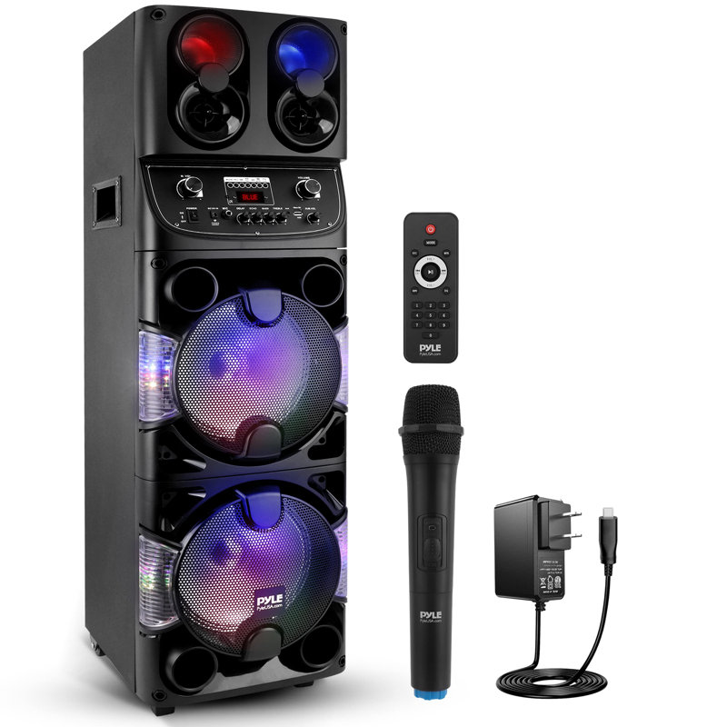 Enceinte de sonorisation portative Bluetooth Pyle - 600 W double système audio de karaoké BT intérieur / extérieur rechargeable 10 po - Affichage à DEL, FM / AUX / MP3 / USB / SD, 1/4 po, poignée, roues - micro sans fil, télécommande