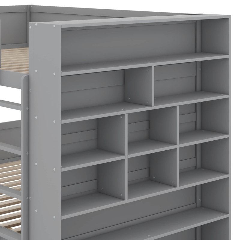 Lit superposé avec tiroirs et armoire, Gris, Lit superposé double sur double