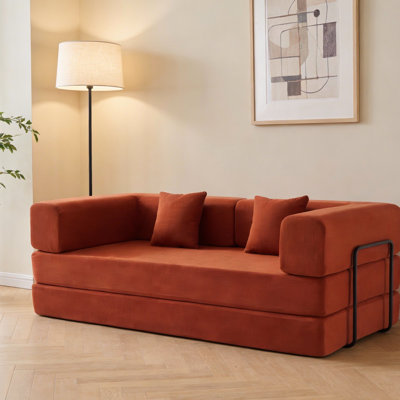 Lit de sol 3 places en velours côtelé rouge orangé avec structure en métal, oreiller cylindrique, idéal pour le salon, assise moelleuse, coussin antidérapant, design minimaliste, confort optimal, mousse à mémoire de forme haute densité, forme carrée