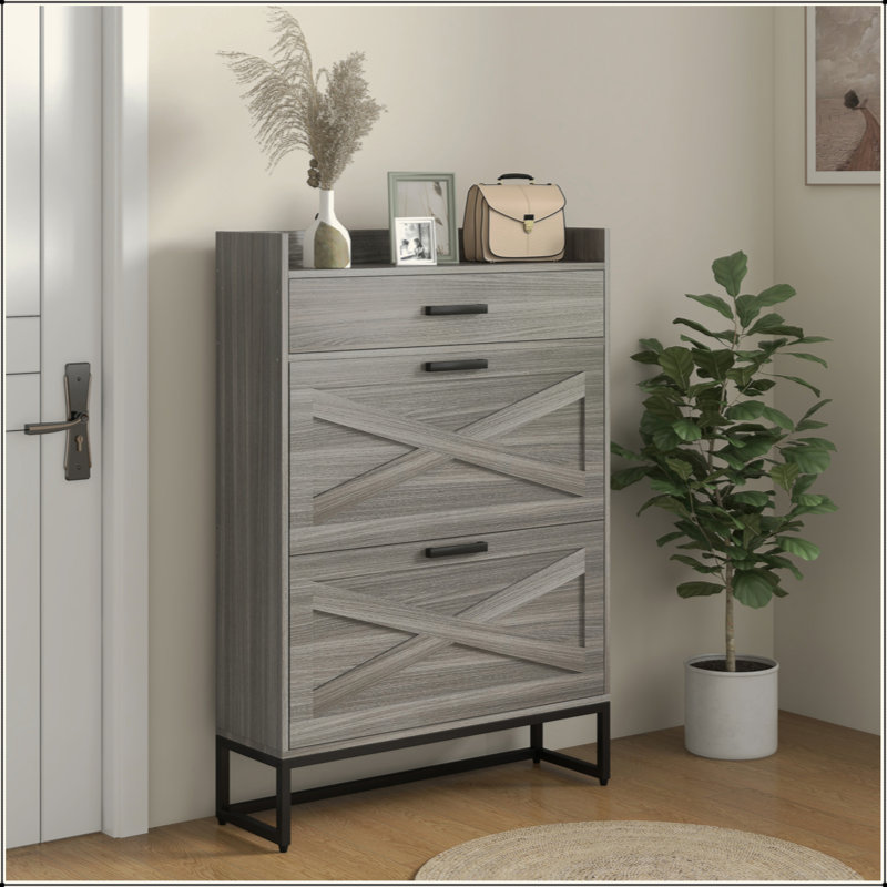 Narrow Shoe Cabinet, Industrial Shoe Storage Cabinet With 2 Flip Drawers, Adjustable Shelves, And Top Drawer, Entryway Hidden Shoe Storage For 12 Pairs Of Shoes