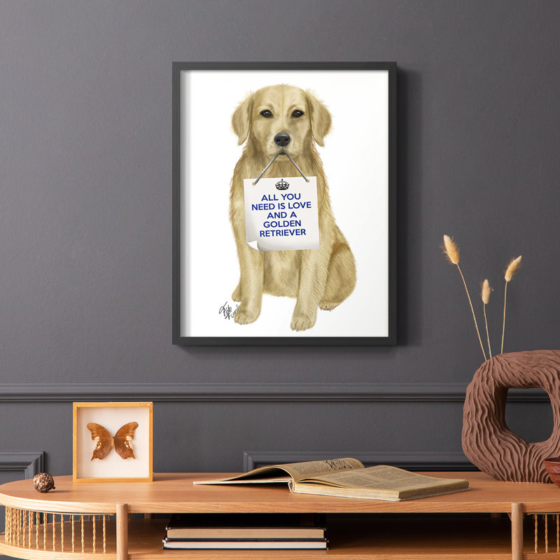 «Love and Golden Retriever», reproduction encadrée - bois massif, Cadre simple noir, H 10 po x l 8 po