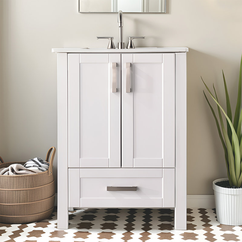 24'' Modern White Free standing Single Bathroom Vanity with Ceramic Top