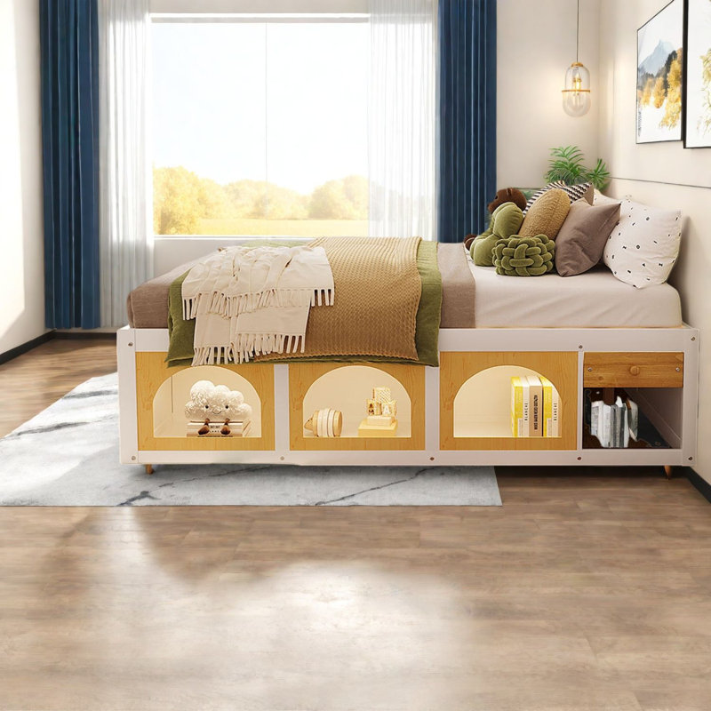 Lit plateforme moderne en bois avec rangement et éclairage à DEL, grand lit