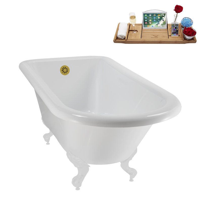 62" Streamline Clawfoot Tub,Tray,Drain, Clawfeet, Glossy White, Brushed Gold