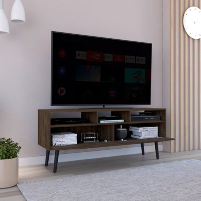 Élégant meuble télé avec trois tablettes ouvertes et deux tiroirs flexibles, parfait pour les téléviseurs jusqu'à 52 pouces, maximisant l'espace de rangement et d'exposition.