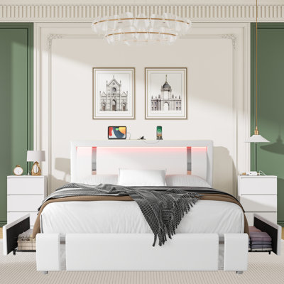 3-Piece Bedroom Sets, Storage Bed with 2-Drawers and Charging Port