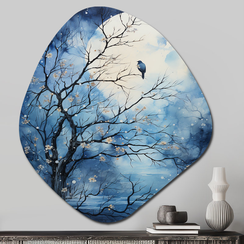«Blue Blue Tree Moonlit Silhouette II - Asymmetric Trees», reproduction d'art murale en métal de forme unique
