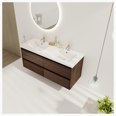 Meuble-lavabo mural double 47,6 po avec plateau en céramique Ellasandra