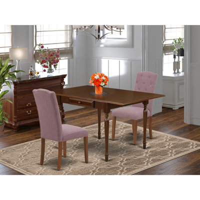 3 Piece Dining Room Furniture Set Contains a Rectangle Dining Table with Dropleaf and 2 Dahlia Linen Fabric Parsons Chairs, Mahogany