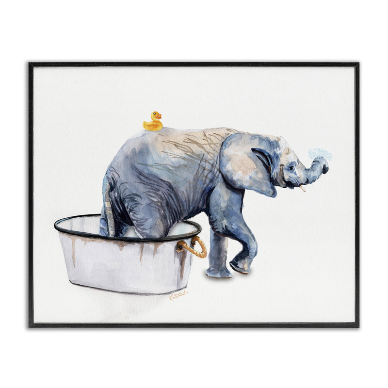 Charmant éléphant rustique dans un bain moussant par Jennifer Redstreake - reproduction d'art, Cadre noir