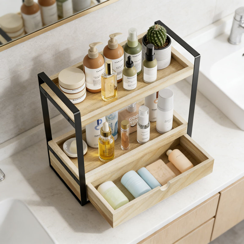 Organisateur de comptoir à 2 niveaux avec tiroir, étagère de meuble-lavabo en bois pour l'organisation de la cuisine, du bureau et de la salle de bain
