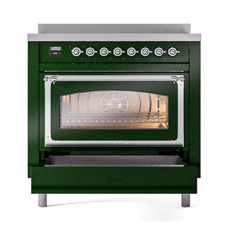ILVE Nostalgie II Noblesse 36 po à induction, éléments à induction (porte vitrée), Vert émeraude / chrome