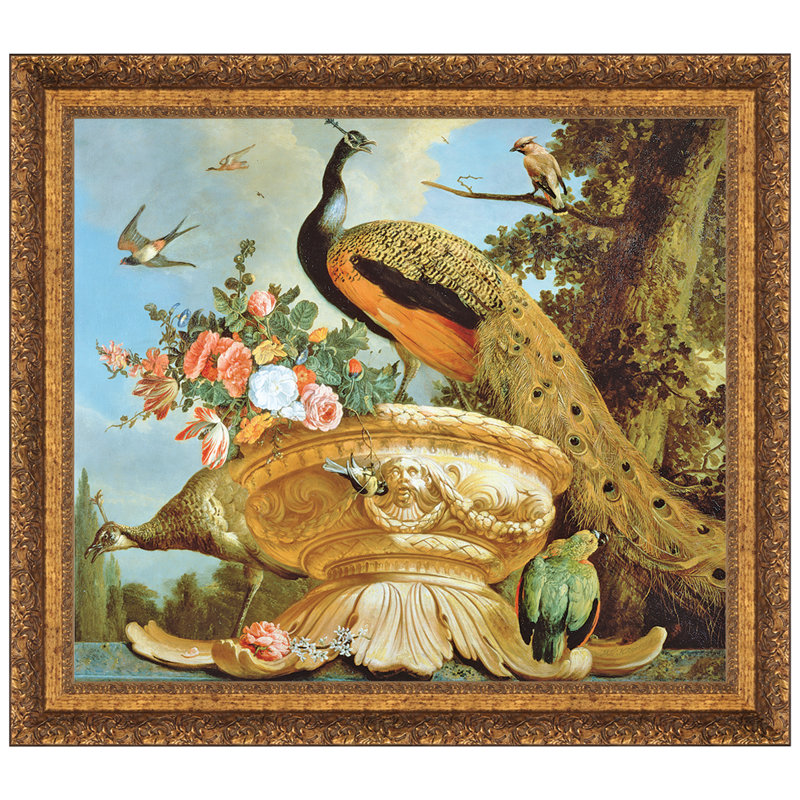 Grande Gold Framed Peacock and Birds Canvas Painting