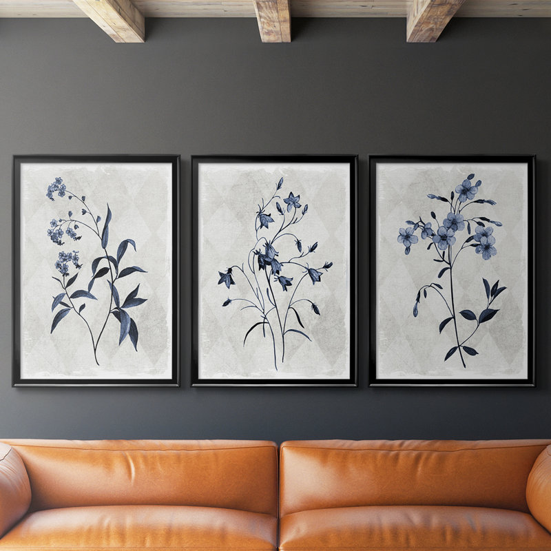 Harlequin Botanical I - Toile tendue avec châssis sur mesure - 3 pièces, H 27 po x l 57 po, Noir, noir, noir, noir