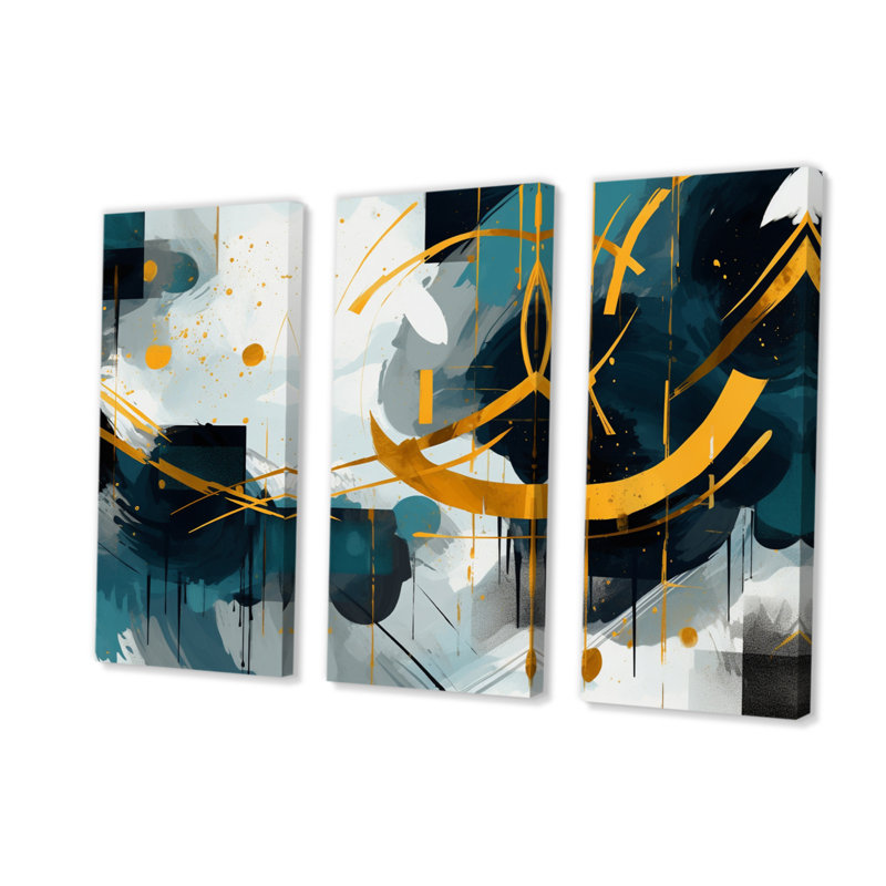 Gold Teal Shapes in Harmony - 3 pièces sur toile tendue, H 28 po x l 36 po x P 1 po