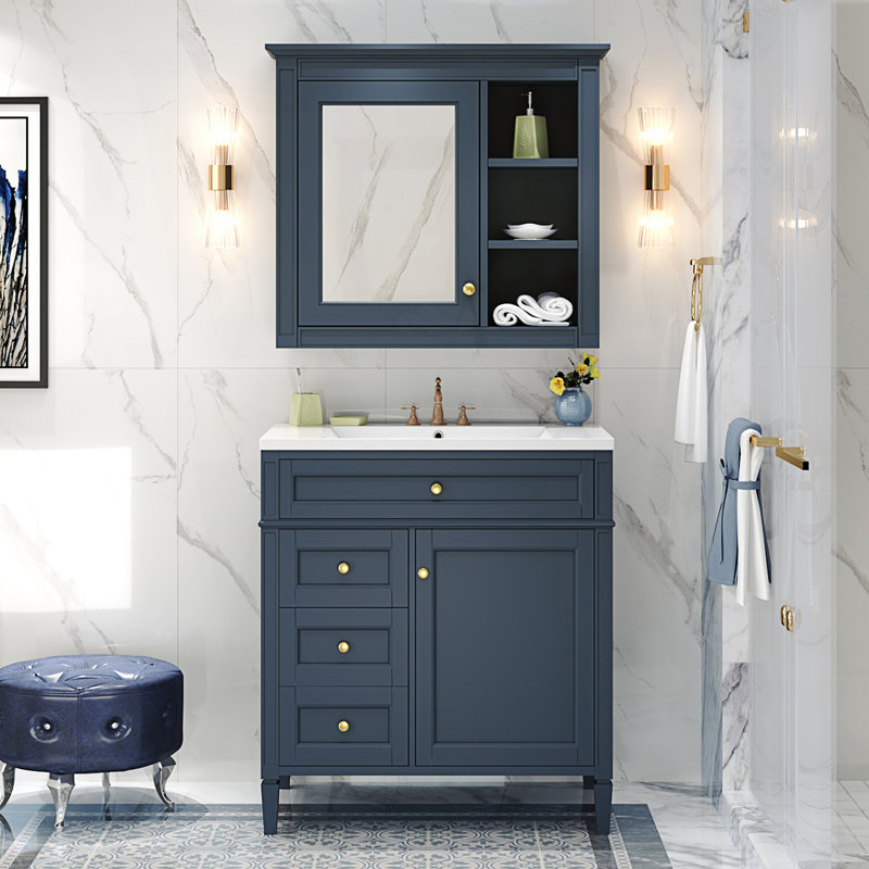 Ensemble de meuble-lavabo autoportant avec armoire-miroir, meuble-lavabo avec lavabo, armoire de rangement moderne avec 2 tiroirs
