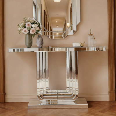 Elegant Mirrored Console Table With U-Base And Hand-Spliced Line Design For Modern Entryways And Living Spaces, 47 Inch