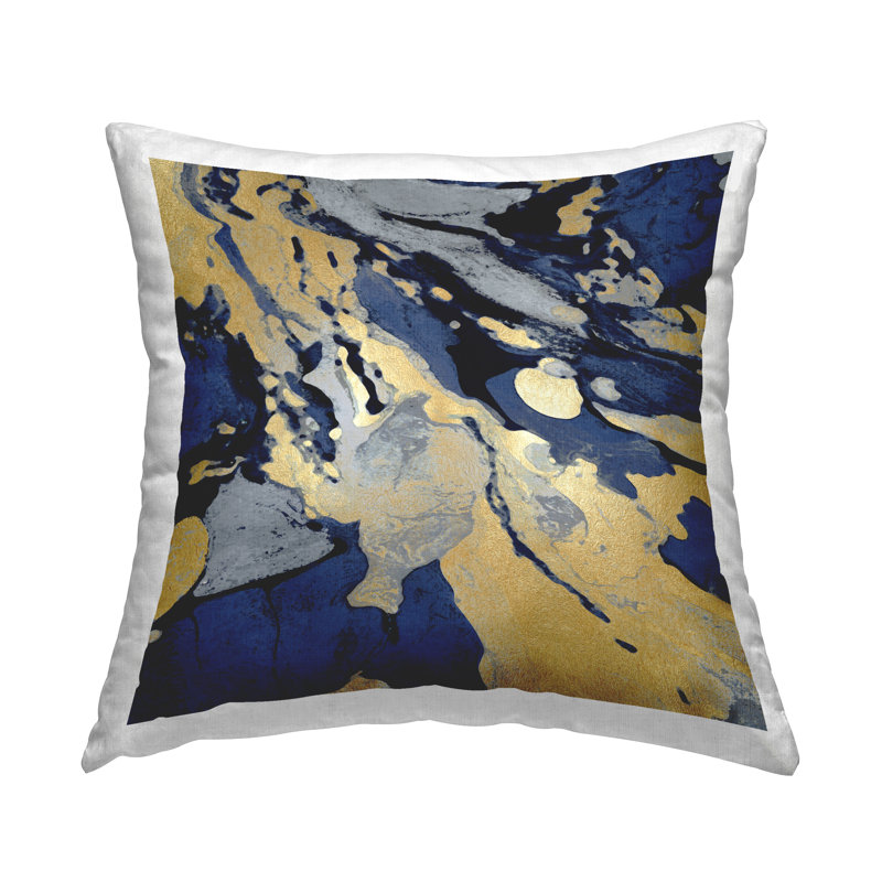 Blue and Gold Glam Marbled Pattern Square Throw Pillow Set