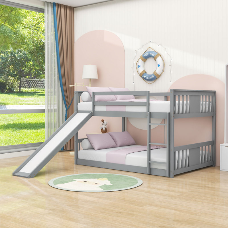 Evlynn Full Over Full Wood Bunk Bed with Ladder and Slide, Gray