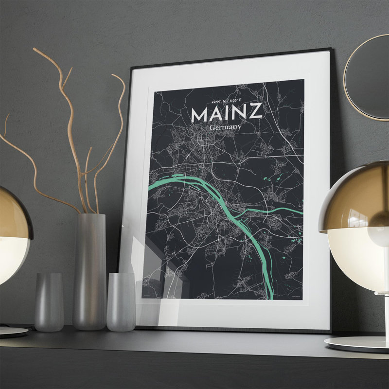 Mainz, carte de la ville, impression, H 27,6 po x l 19,7 po, Vert/gris