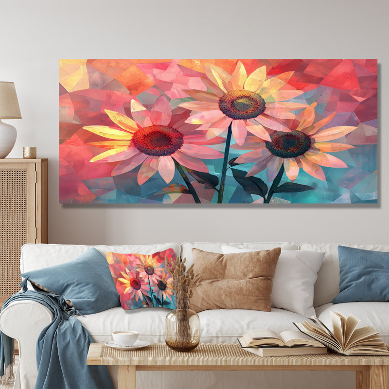 Ifsa, collage de tons de tournesols roses II - art mural tournesols, H 28 po x l 60 po, Toile tendue, Ne s’applique pas