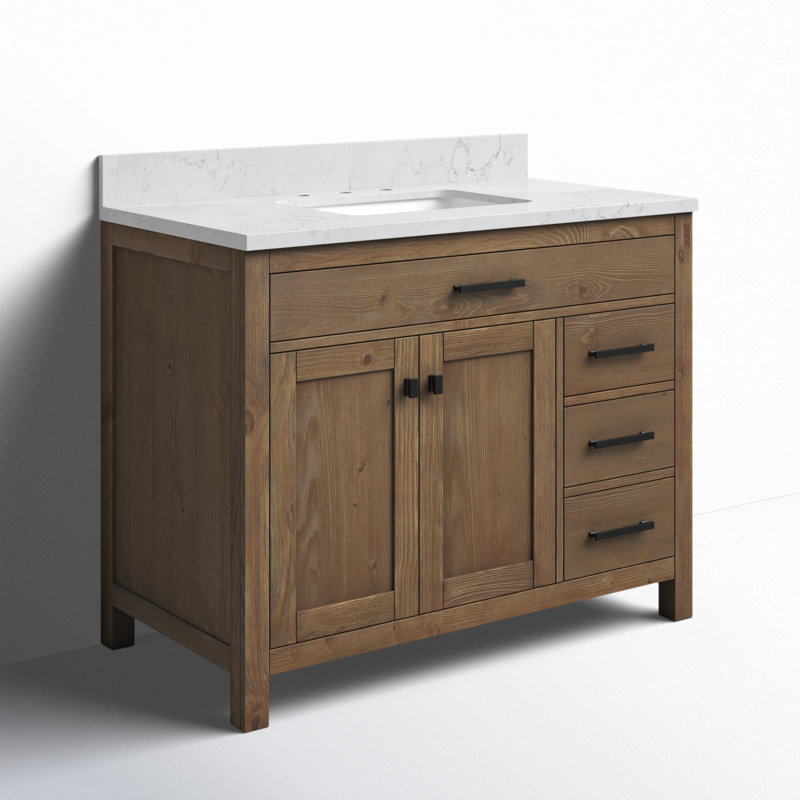 Ensemble de meuble-lavabo simple 42 po Ajiya, Naturel texturé / noir mat, Blanc de Carrare
