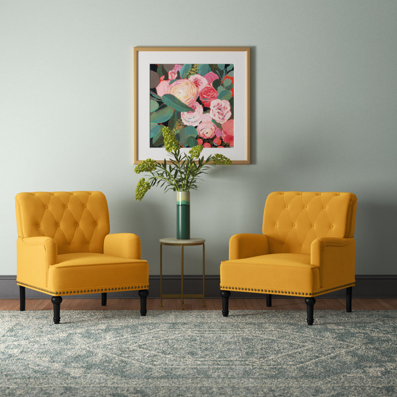 Jakub 28.5" W Velvet Upholstered Tufted Armchair with Nailhead Trim , Mustard Velvet
