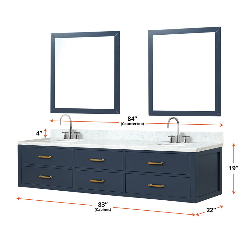84 po L x P 22 po. Meuble-lavabo double bleu avec comptoir en marbre et robinets, comptoir de 84 po, robinet et 36 miroirs inclus
