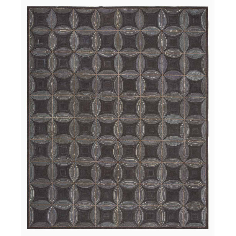 Tapis gris / noir en laine noué à la main de conception unique 9 pi x 12 pi